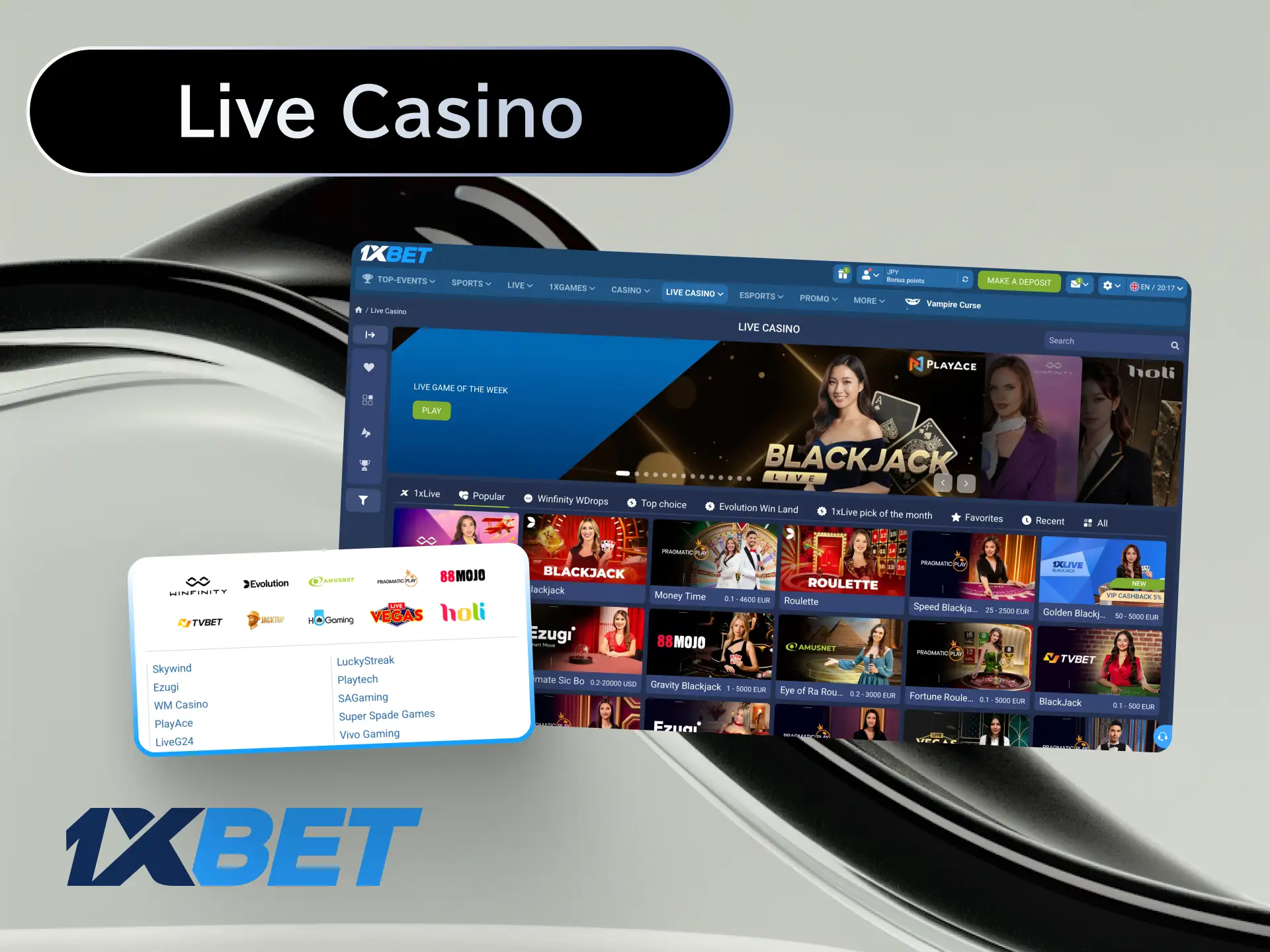 Play live blackjack, roulette, and baccarat with real dealers at 1xBet Japan live casino.