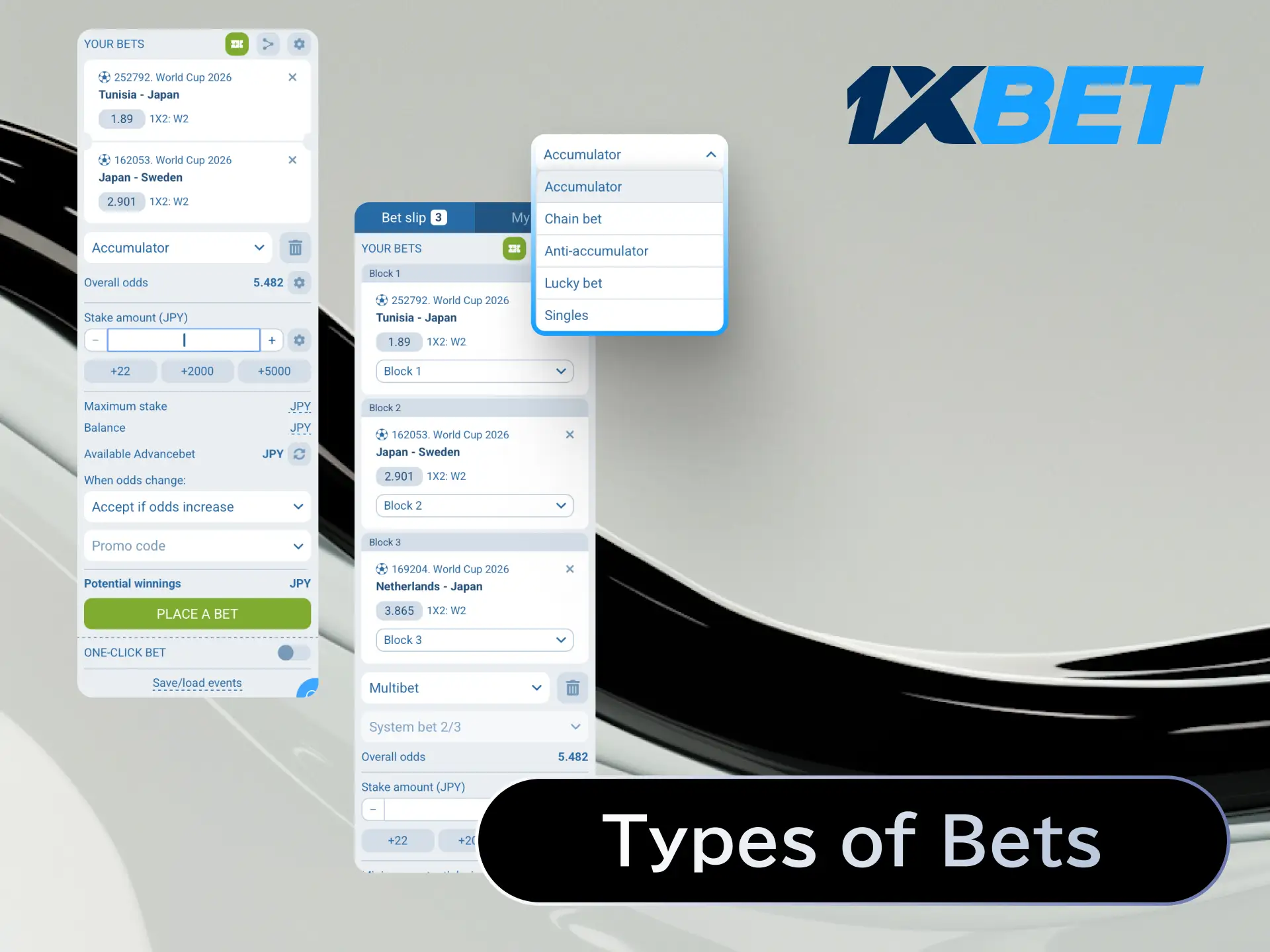 Learn the basics of choosing bet types like single, accumulator, and system bets at 1xBet.