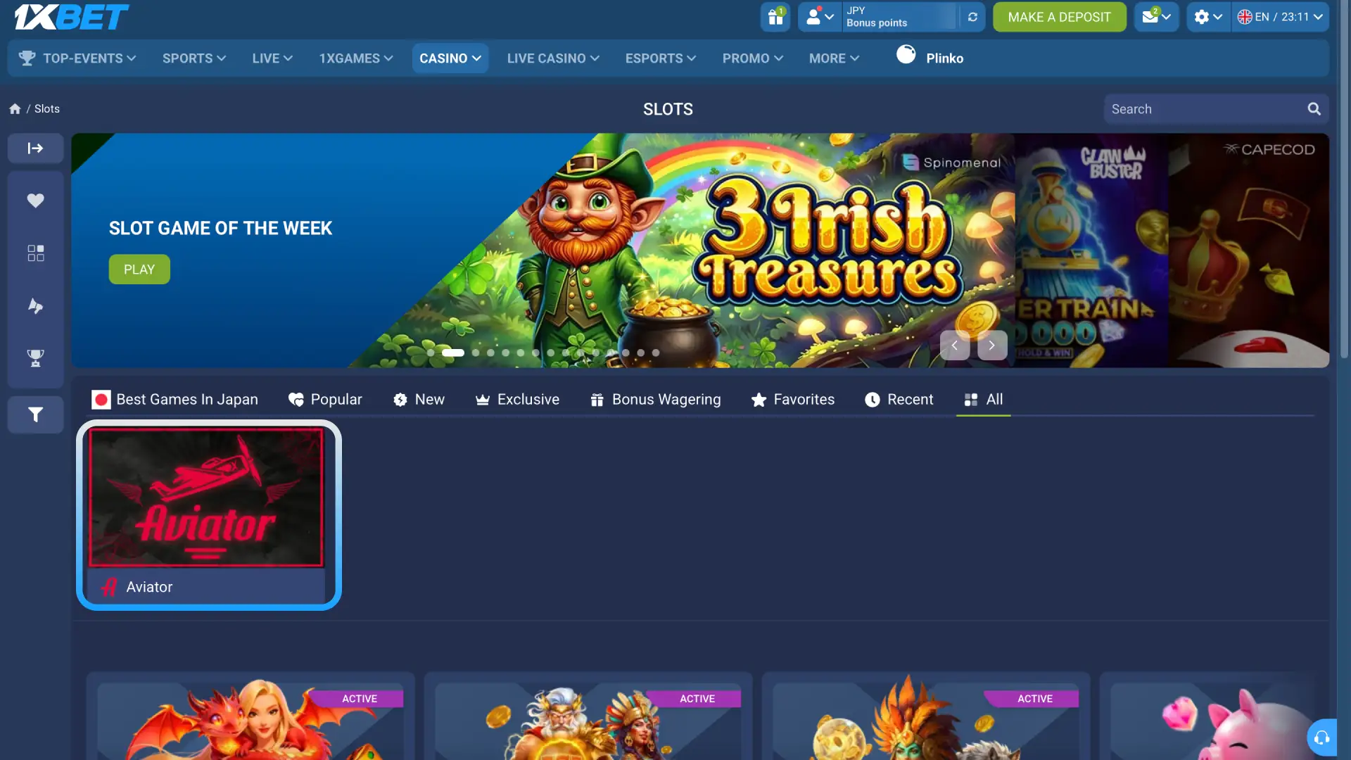 Choose from slots, crash games, or live tables in the 1xBet Japan casino lobby.