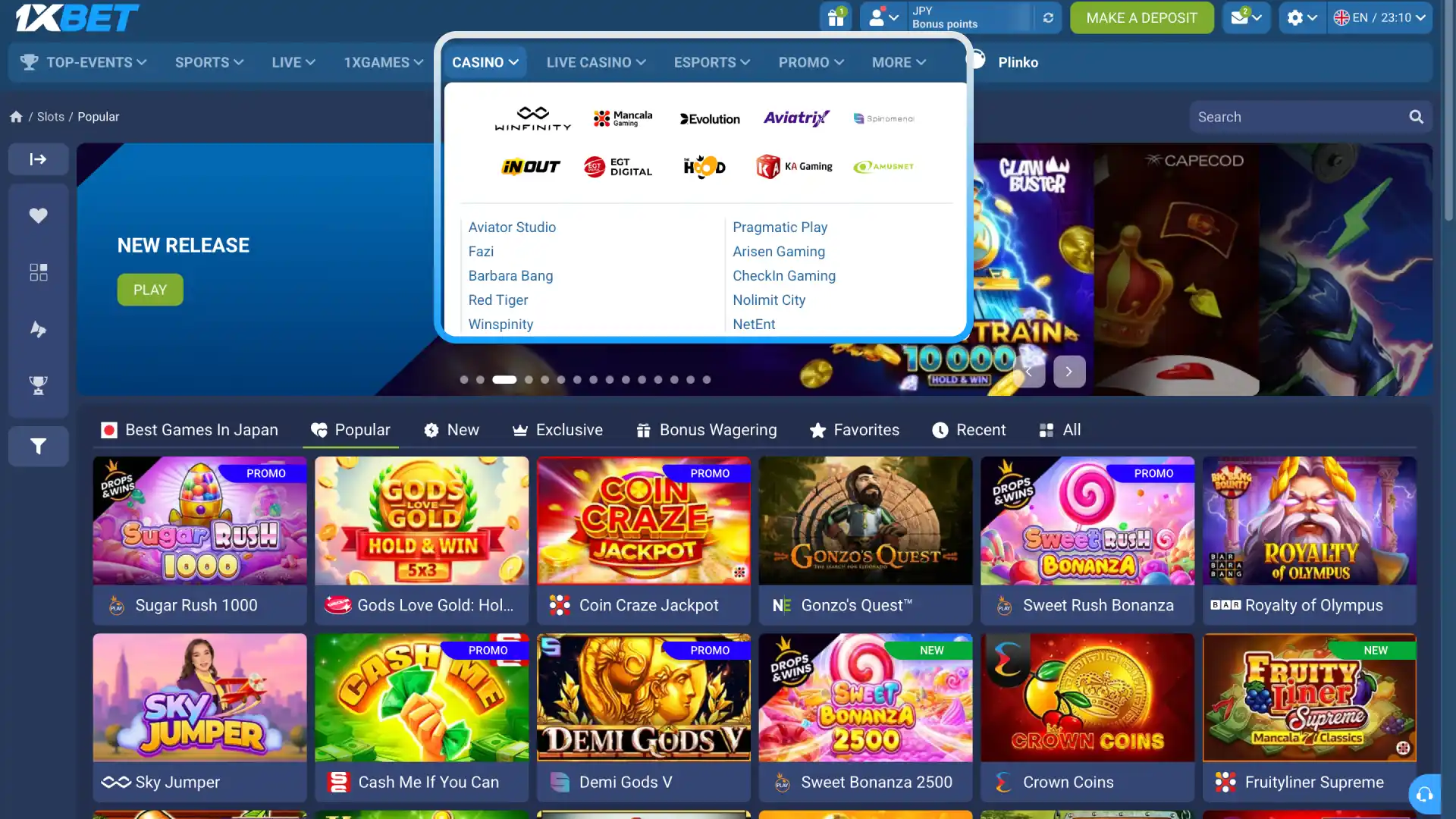 Open Casino or Live Casino from the top menu at 1xBet to explore available games.
