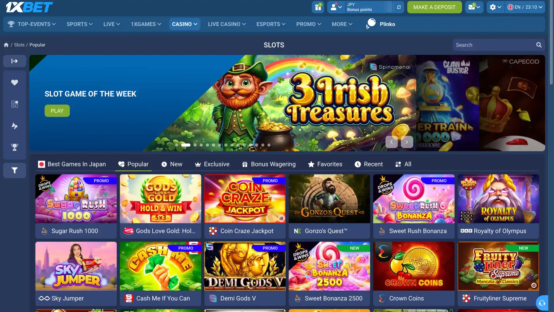 Click Register on the 1xBet Japan website to create your account and start playing casino games.