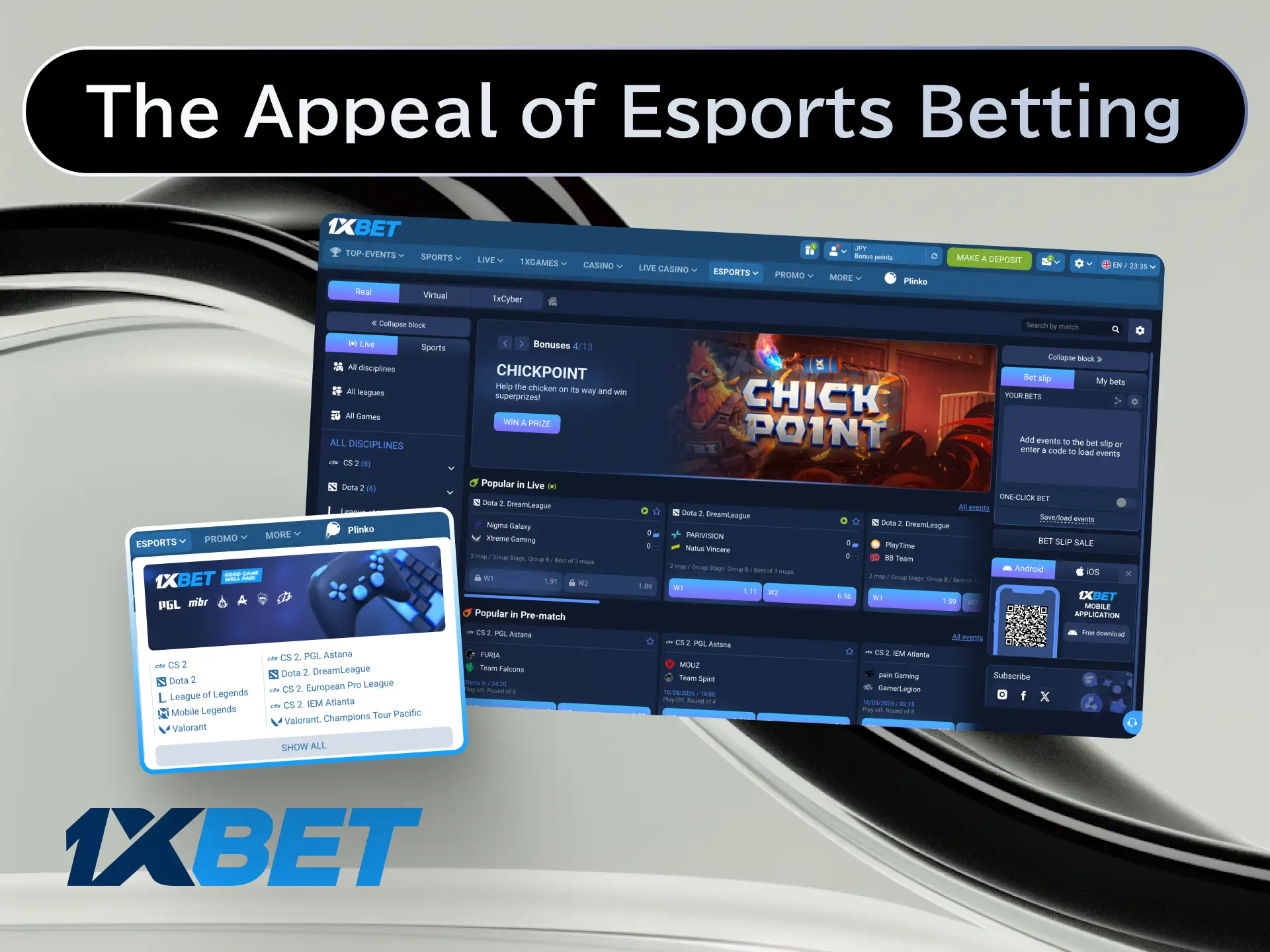 Experience the appeal of esports betting on CS2, Dota 2, and League of Legends at 1xBet Japan.