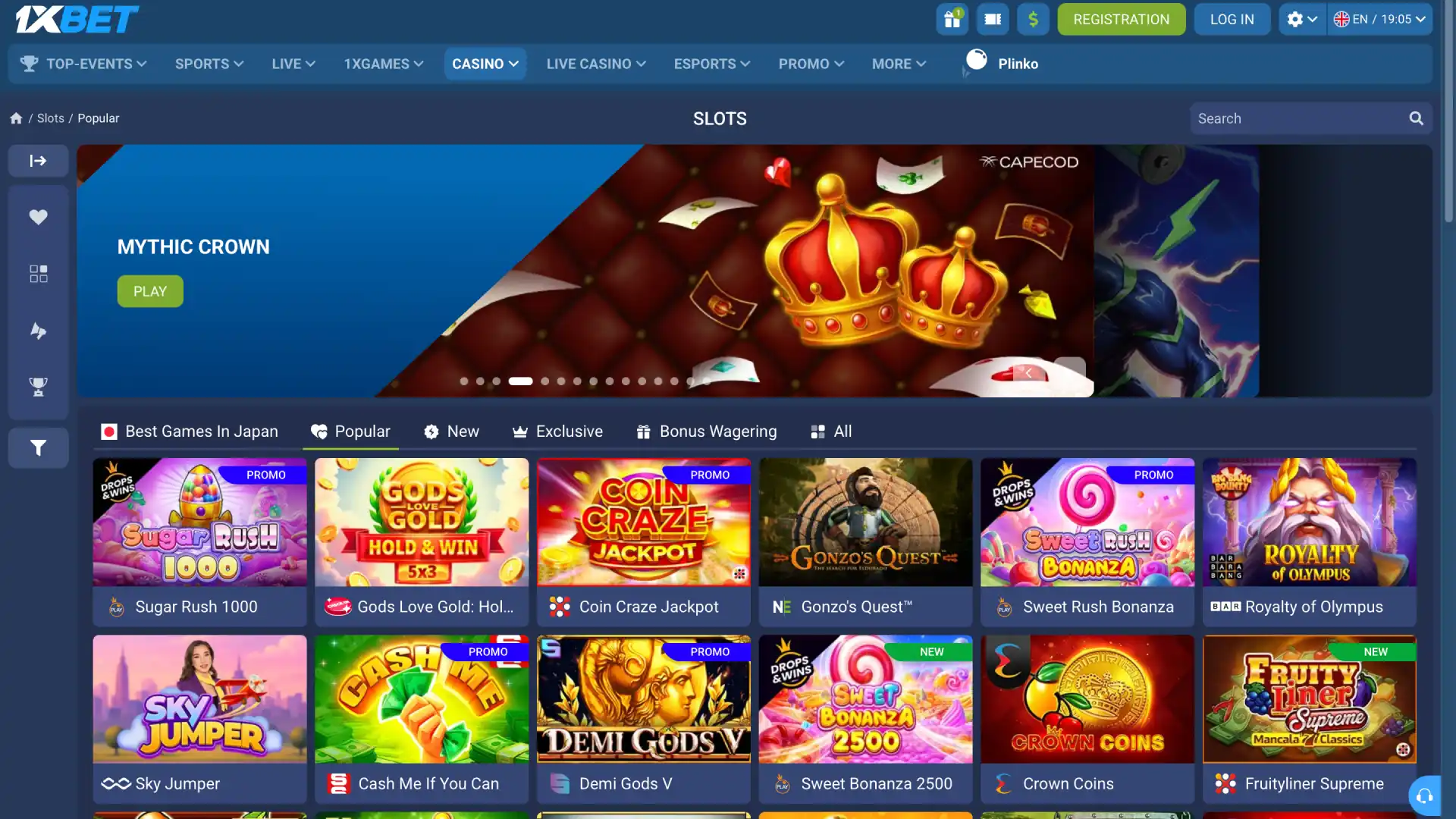 The 1xBet Japan casino lobby featuring slots, table games, live dealer sections, and search filters.