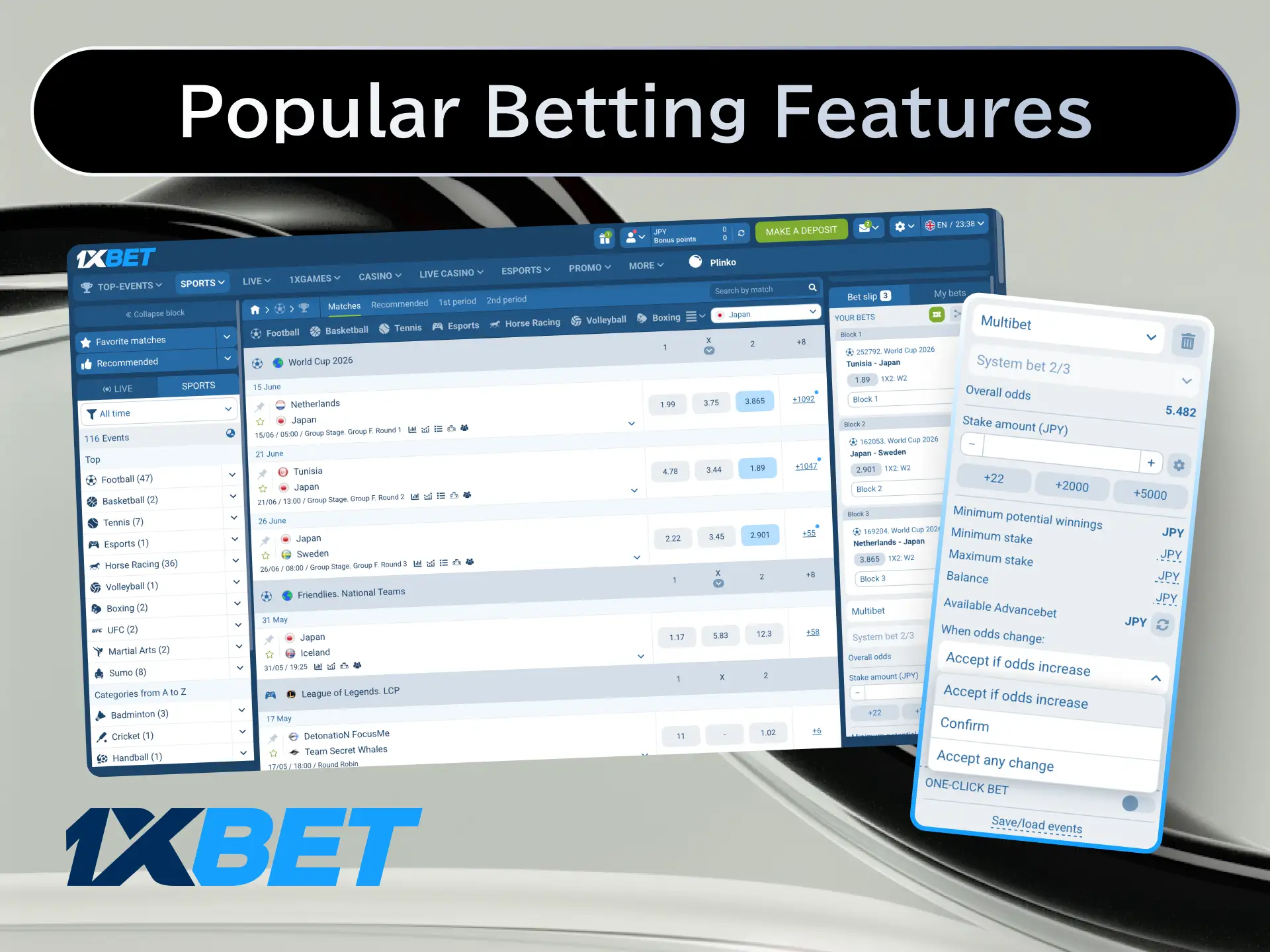 Use popular betting features like live betting, cash out, and bet builder at 1xBet.