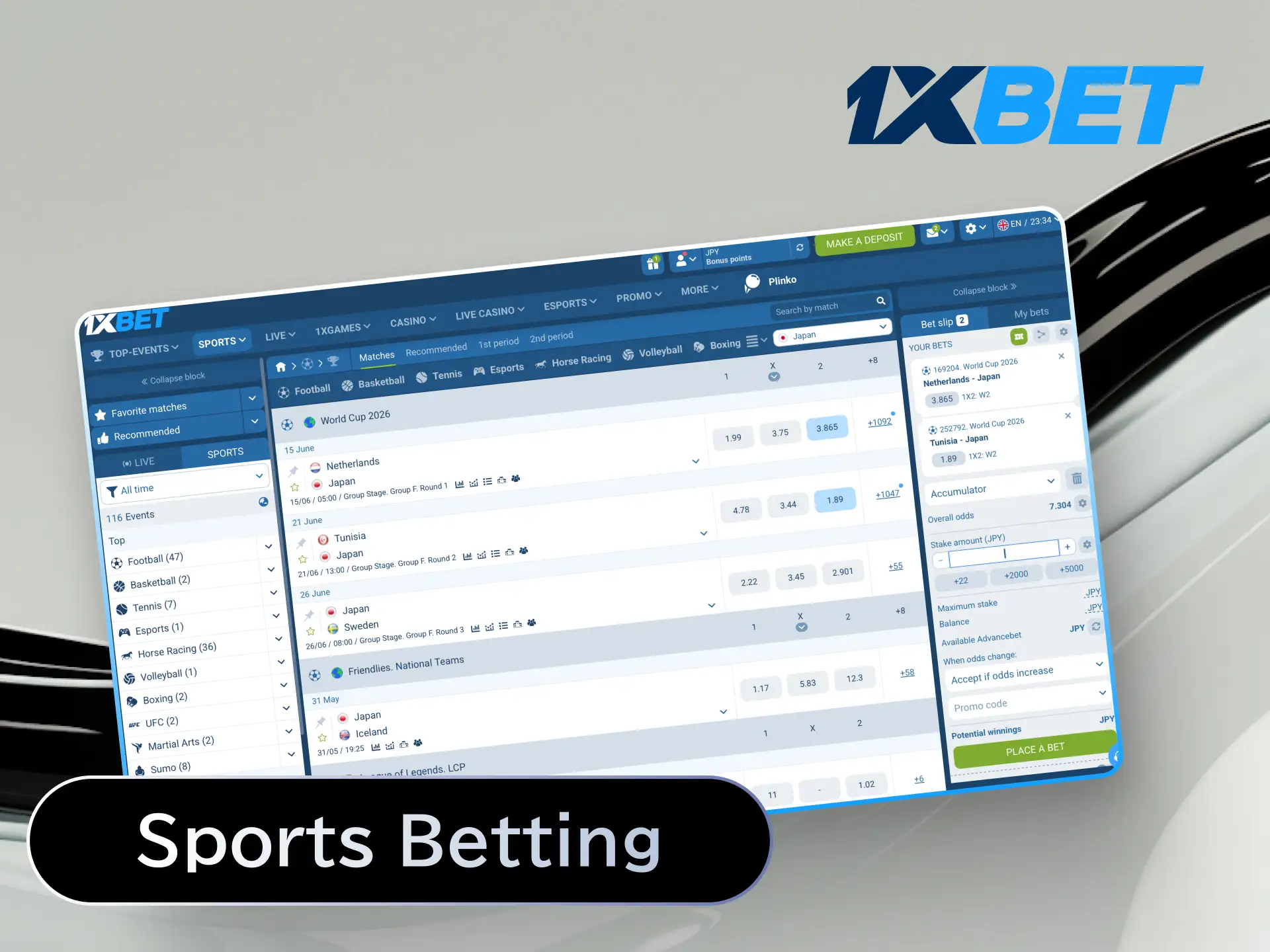 Bet on football, tennis, basketball and more with competitive odds at 1xBet Japan sportsbook.
