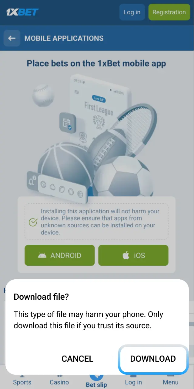 Tap the Android APK Download button on the 1xBet Japan website to save the APK file.