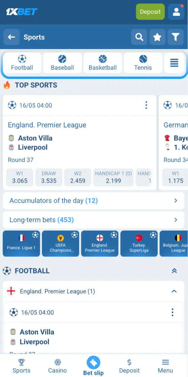 Select competitions and matches, then open the betting market on the 1xBet Japan mobile app.
