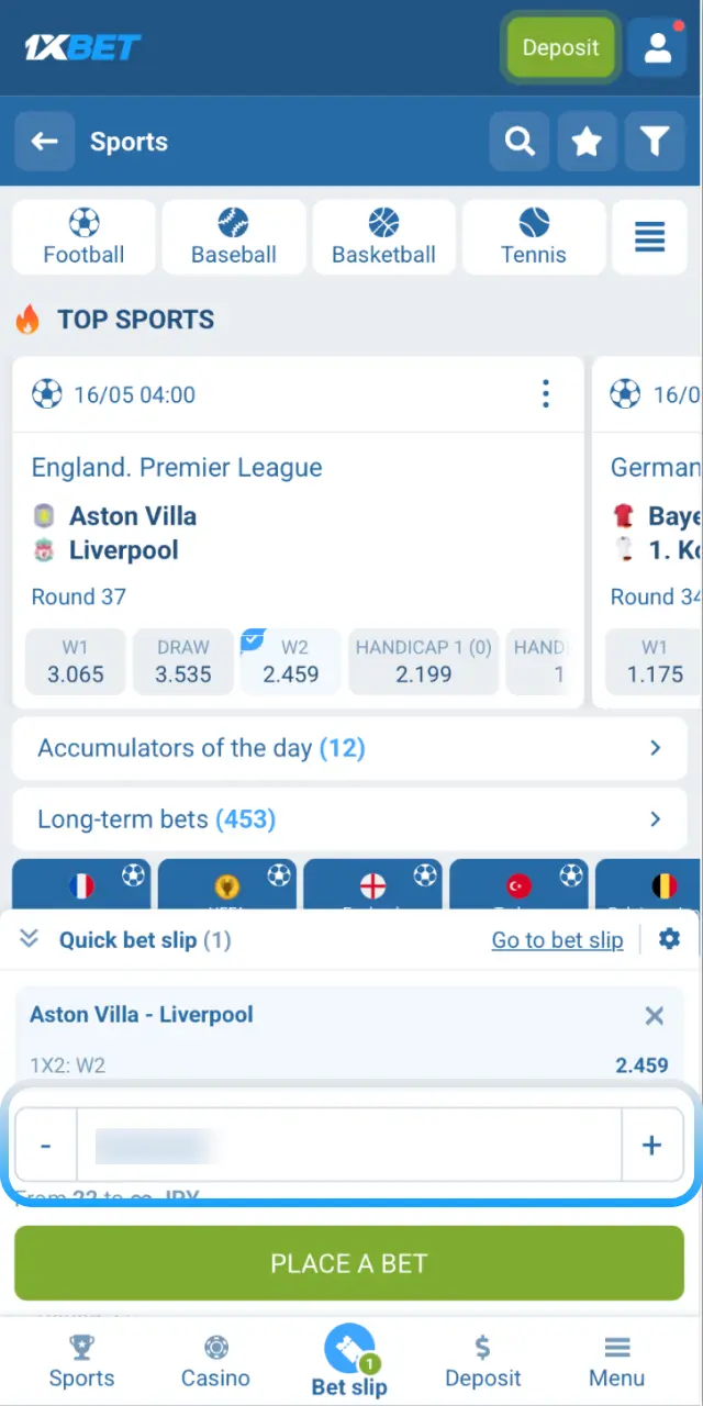 Tap the odds you want and enter your stake amount on the 1xBet Japan bet slip.