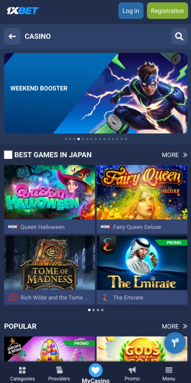 Casino lobby on 1xBet Japan with slots, table games, live dealers, and crash games.