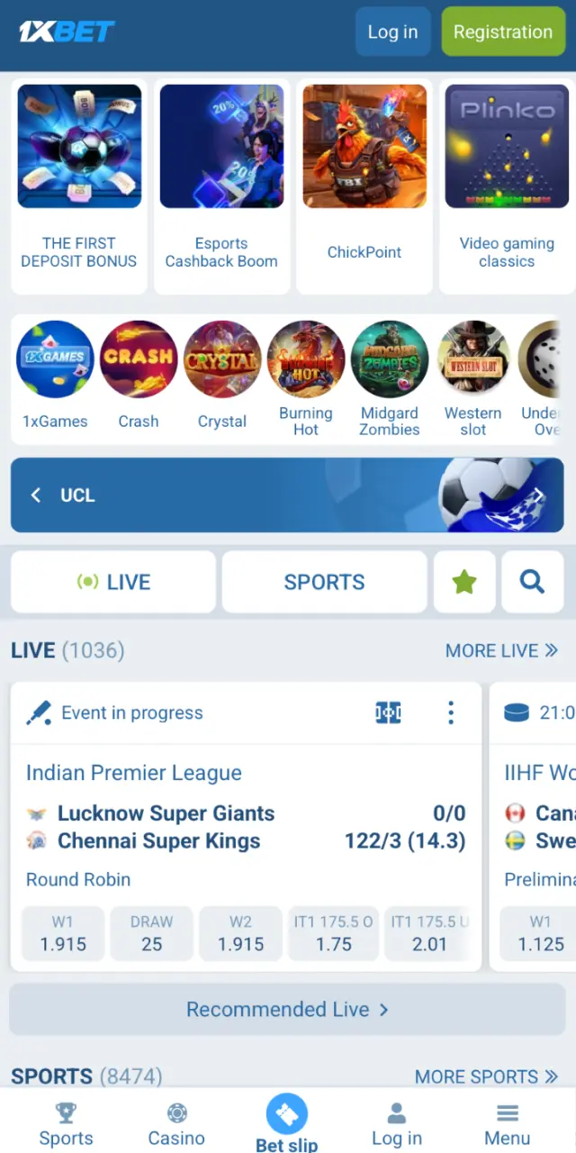 Main screen of 1xBet Japan with access to sports, casino, live betting, and promotions.