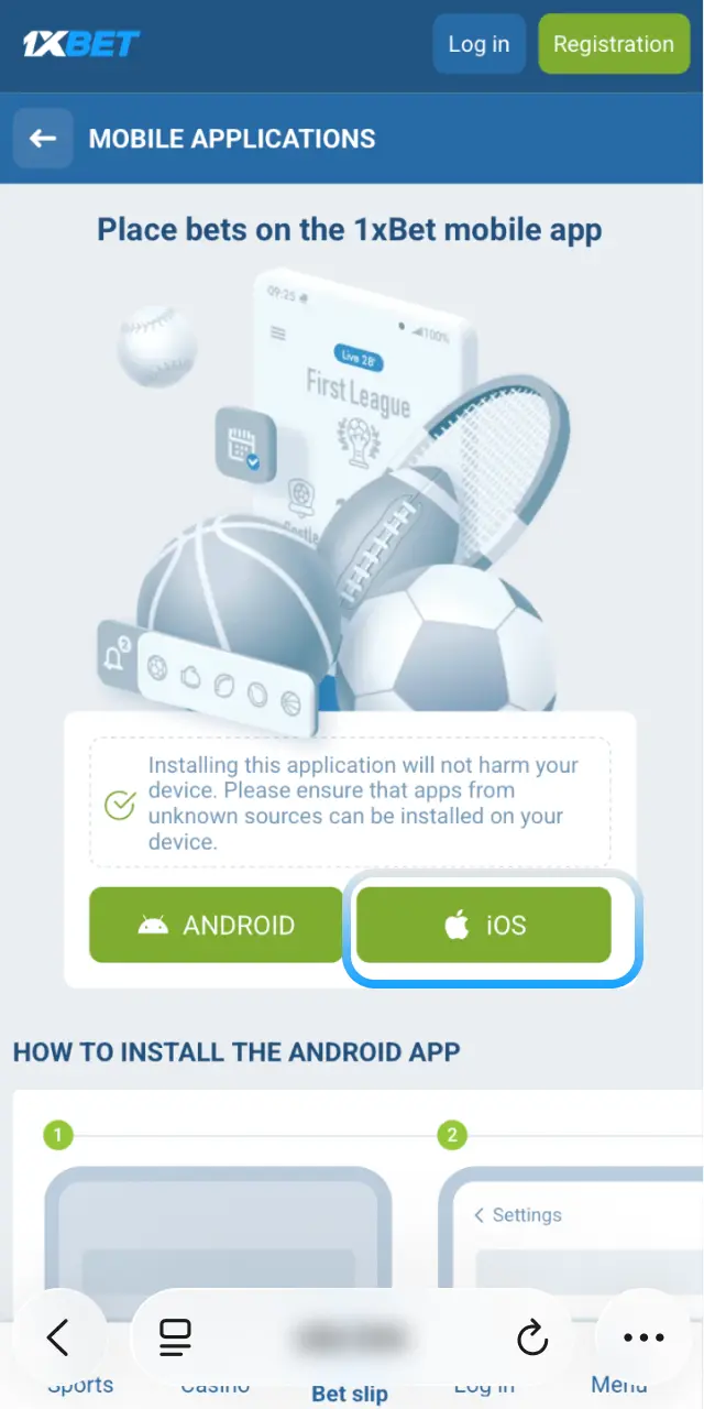 Tap Download for iOS on this page to open the 1xBet Japan website in Safari.