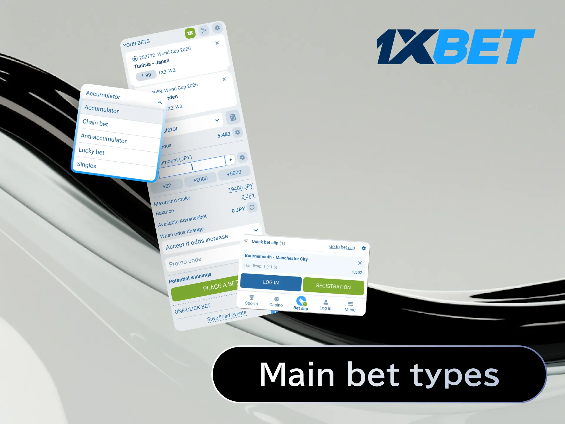 Place single, accumulator, and system bets on the 1xBet Japan mobile app for any sport.