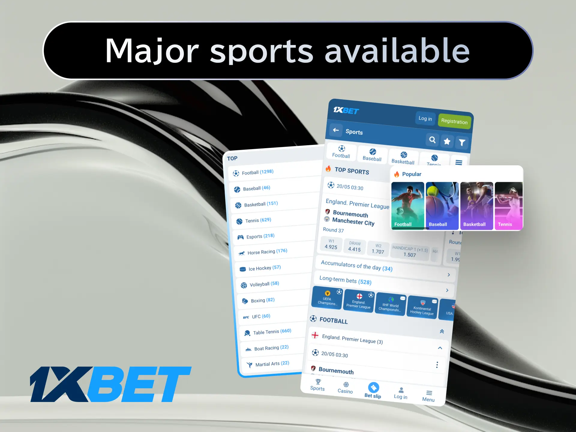 Bet on major sports like football, tennis, basketball, and baseball on the 1xBet app.