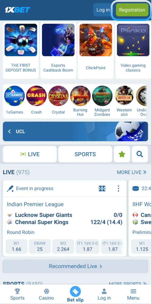 Tap the Register button at the top of the 1xBet Japan mobile app to start registration.