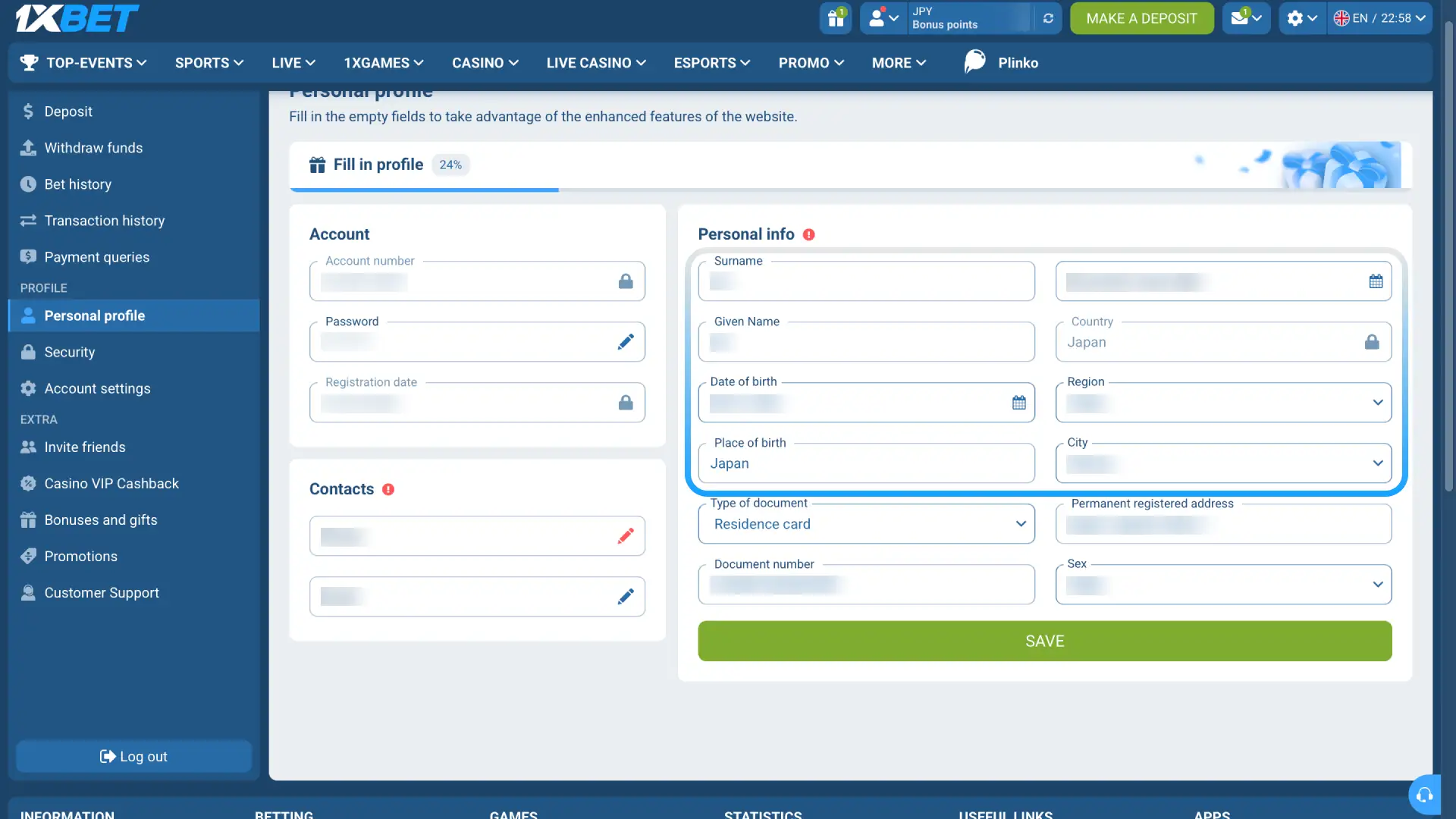 Accurately fill in your name, address, and date of birth for 1xBet KYC verification.