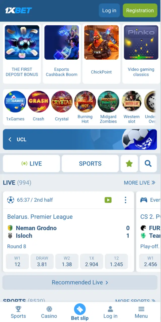 Open the 1xBet mobile app and tap Register on the home screen to begin.